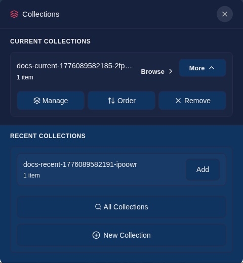 Lightbox collections drawer showing current and recent collections