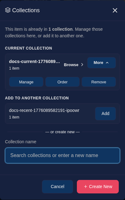 Collections modal showing current collections, recent collections, and create-new controls