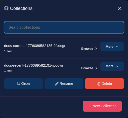 Collections manager panel showing collection search and secondary actions